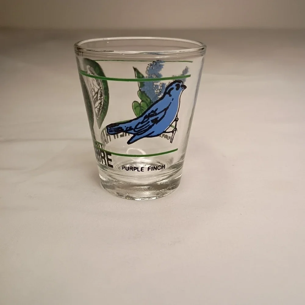 New Hampshire Shot Glass Made in Taiwan‎ Souvenir Purple Finch Lilac